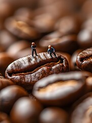 Miniature figures inspecting roasted coffee beans