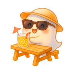 A little ghost sits on a chair and drinks fruit juice.