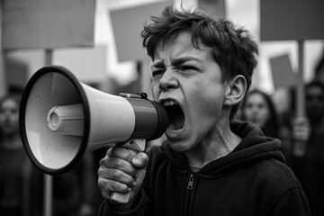 A Young Boy Shouting on a Megaphone at a Protest