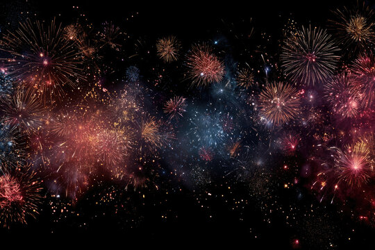 Fireworks on the dark sky background. Colorful fireworks. Abstract colored firework background with free space for text. fireworks light up the night skу
