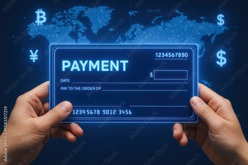 Poster digital payment technology transforms global finance through secure currency exchange and innovative