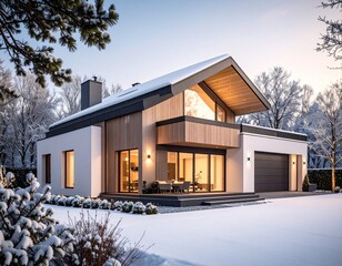 Contemporary Winter Home Exterior with Snow-Covered Roof, Bare Trees and Neutral Color Palette