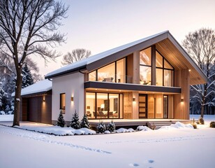 Contemporary Winter Home Exterior with Snow-Covered Roof, Bare Trees and Neutral Color Palette