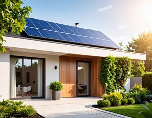 Eco-Friendly Modern House Exterior with Solar Panels, Vertical Garden and Minimalist Design