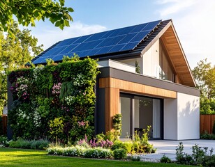 Eco-Friendly Modern House Exterior with Solar Panels, Vertical Garden and Minimalist Design