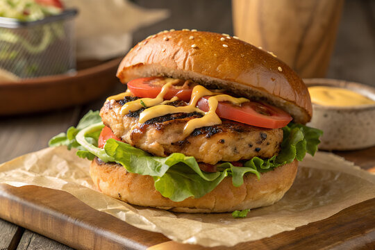 Fresh grilled beef burgers with cheese, lettuce, and tomato, alongside a fresh sandwich, fries, and salad create background with copy-space.