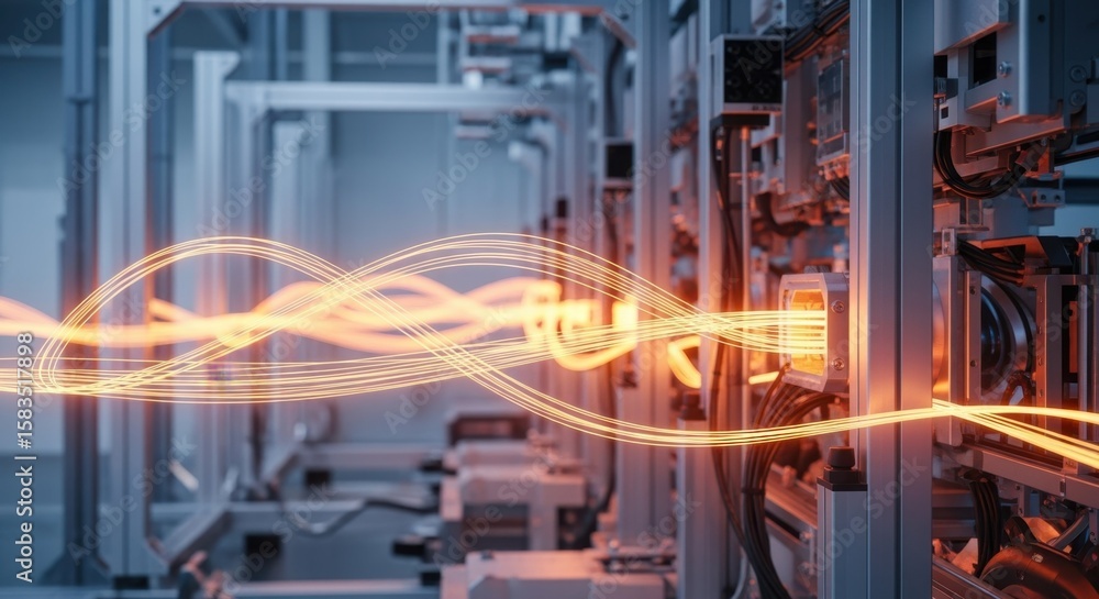 Poster highspeed data transfer represented by vibrant orange lines across an automated industrial system.