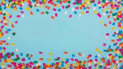 Vibrant confetti arrangement against a blue backdrop, festive and celebratory decor. Overhead view with space for text.