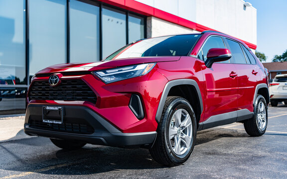 Park Ridge, Illinois, USA - August 26, 2024: 2024 Toyota RAV4 crossover SUV. Luxury crossover car of Toyota RAV4 SUV type. Car of Toyota RAV4 parked outdoor. Toyota RAV4, corner view
