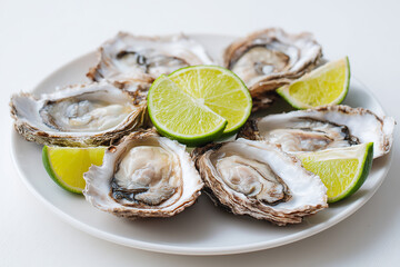 Beautifully arranged fresh oysters with lime on a white plate perfect for diet meals and cookbook seafood recipe bright natural lighting