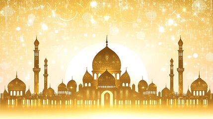 Golden mosque silhouette against a sparkling gold background
