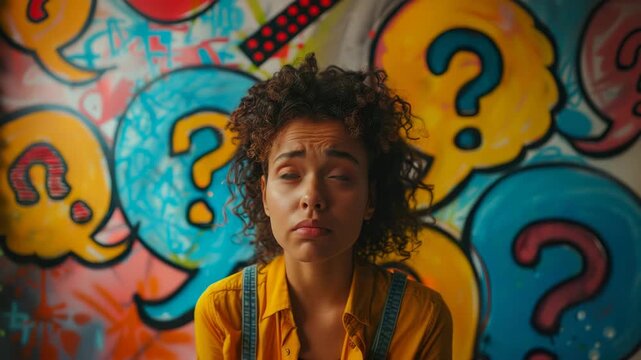 Young Person Contemplating in Front of Colorful Graffiti Wall with Question Marks