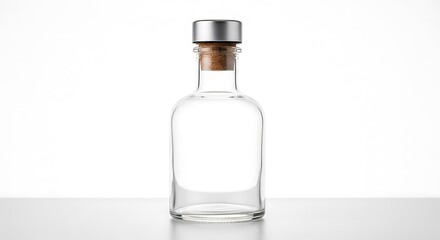 Minimalist Clear Glass Bottle with Cork and Metal Cap on White Background