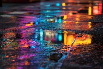 Wet pavement reflects bright, colorful city lights
