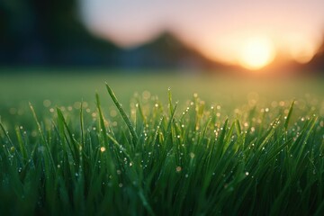 sunrise light hitting perfectly mowed yard with morning dew
