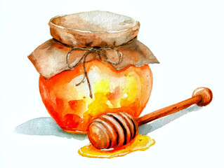 Watercolor illustration of a jar of honey with honey dipper.