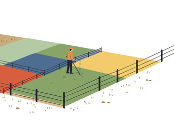 A farmer inspects a field divided into colored zones with a metal detector. Clean, graphic illustration with a fence and earthy tones.  Passure inspire.