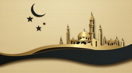 Golden mosque silhouette on a beige background with crescent moon and stars, elegant and modern Islamic design