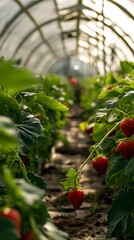 Miniature strawberry harvesters in a greenhouse