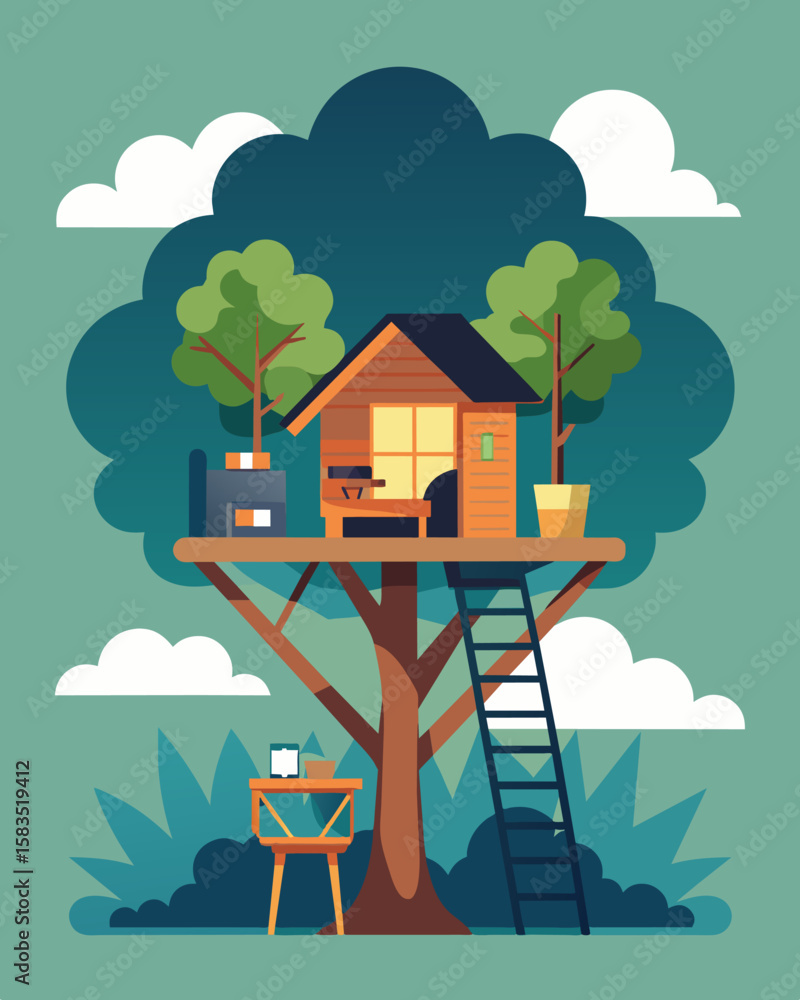 Poster imagine waking up in a cozy treehouse and starting your workday surrounded by nature.. vector illust