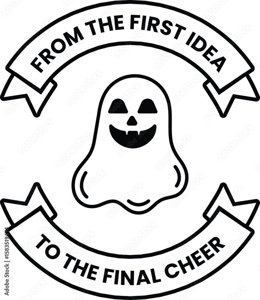 Poster a ghost with a smile on its face is on a banner that says 