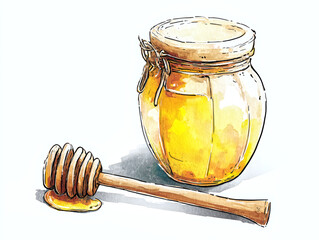 Watercolor illustration of a jar of honey with honey dipper.