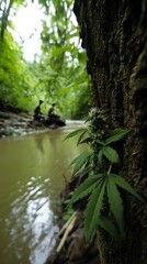 image of green plant in nature with lake