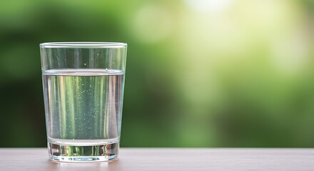A simple glass of clean, refreshing water sits on a wooden surface, with a soft, natural green background suggesting freshness and outdoor tranquility.