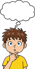 Cartoon boy thinking, finger on chin, blank thought bubble, creative idea concept, pondering expression, isolated character, educational illustration, concept design, school thinking art