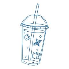 Refreshing beverage in a clear cup with ice and mint on a sunny day