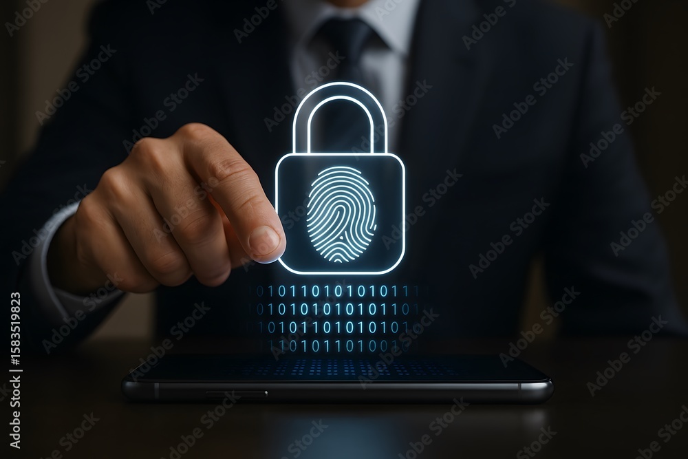 Poster a businessman activates a holographic lock formed from binary digits. concept of mobile privacy encr