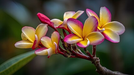 Fototapeta premium Close-up of vibrant plumeria blossoms.