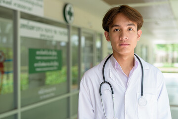 Young healthcare worker wearing lab coat in front of medical clinic