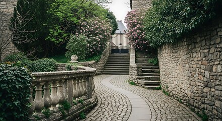 Charming Old European Cobblestone Alley with Stone Walls and Ivy