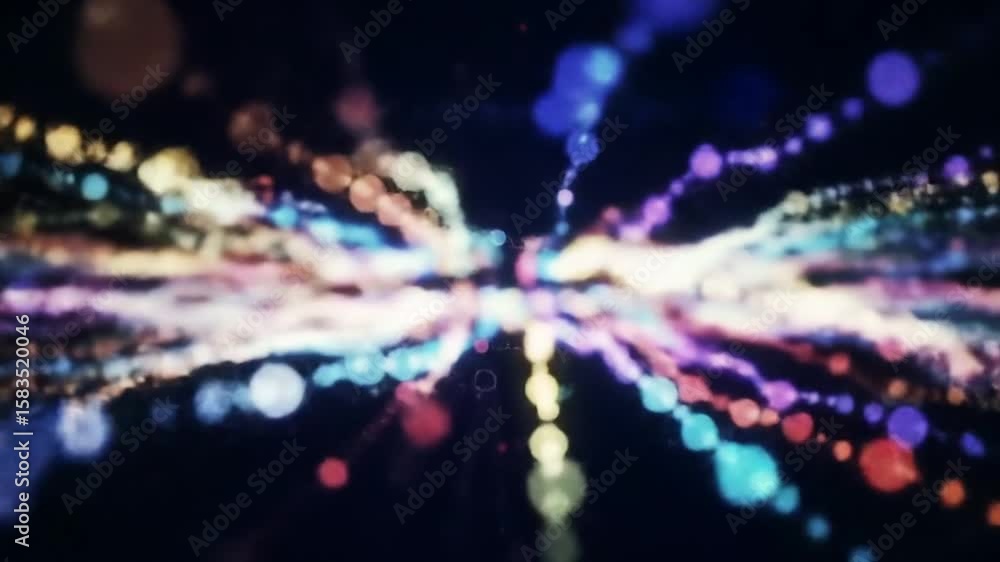 Poster abstract animation of colorful glowing particles creating dynamic visual streams on dark background 
