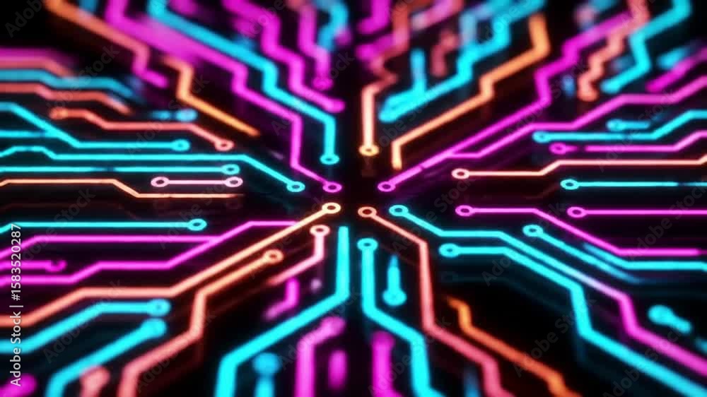 Poster abstract digital network with glowing pink blue and orange lines for high tech and data flow on dark