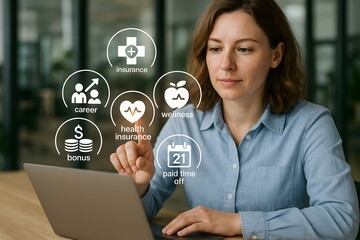 A businesswoman selects digital career perks such as paid time off and health coverage. Concept of workforce satisfaction strategy.