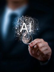 Business man hold a magnifying glass up to a AI artificial intelligence hologram.