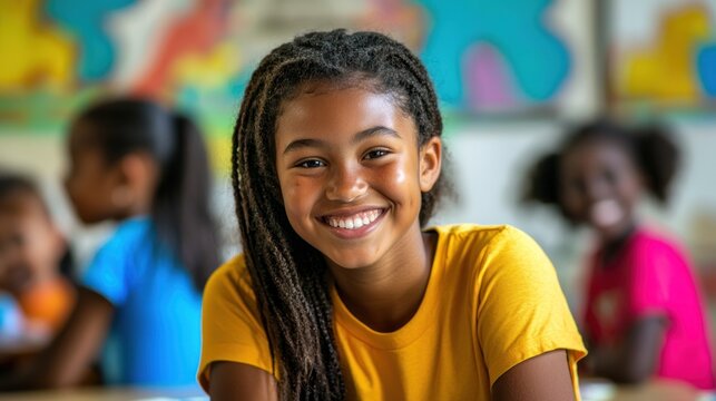 A young girl with braided hair smiling in a classroom setting.