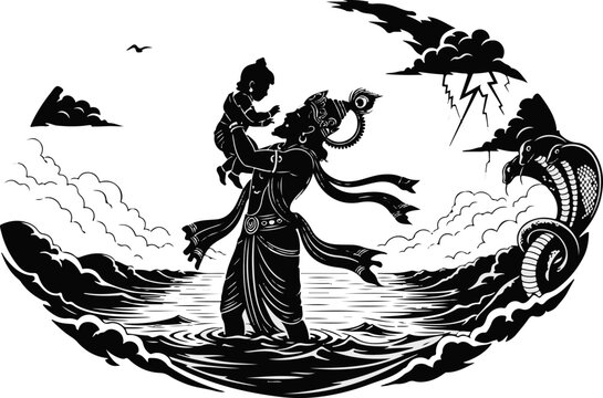 Krishna Janmashtami 2025 &ndash; Blessings of Divine Birth, Vasudev Carrying Baby Krishna Through Flooded Waters in Black Silhouette Art