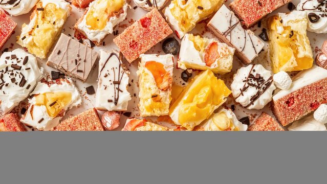 Brightly colored sugary cake portions