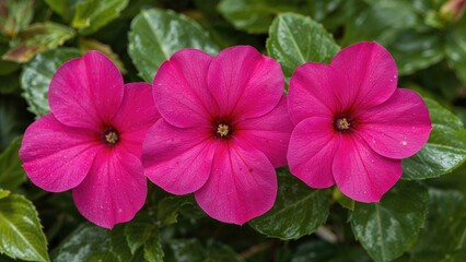 Bright pink impatiens flowers captured close in a garden environment