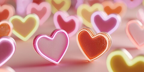 Fototapeta premium Magenta and Lemon Yellow Neon Hearts on Soft Pastel Pink