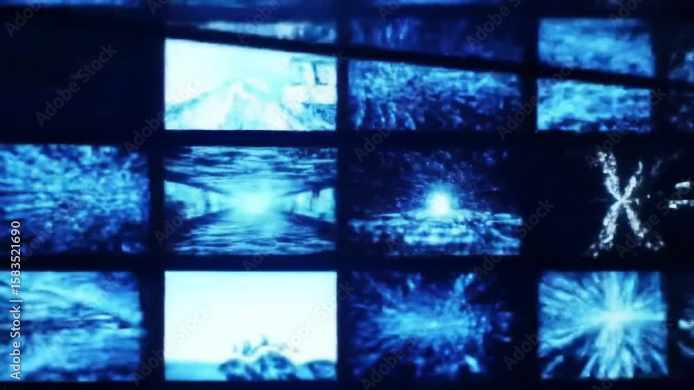 Aufkleber blue toned grid of television screens displaying abstract visuals and light patterns with futuristic