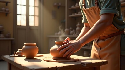 Artisan shapes earthy clay on a weathered table, crafting pottery within a sunlit workshop featuring various handcrafted ceramic vases and bowls.