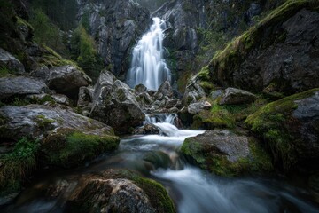 Long exposure captures a misty waterfall cascading down rocky terrain surrounded by lush green