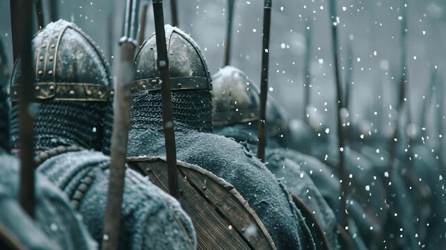 Army of vikings marching in the snow