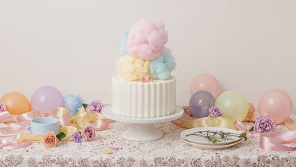 Rainbow-hued cotton candy cake paired with decorative items for a celebration