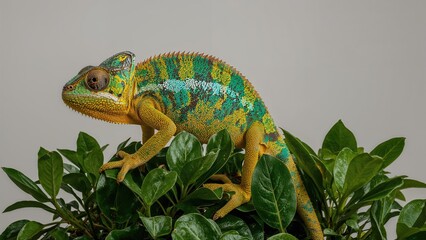 Obraz premium Multicolored male chameleon on vegetation isolated on a clean background