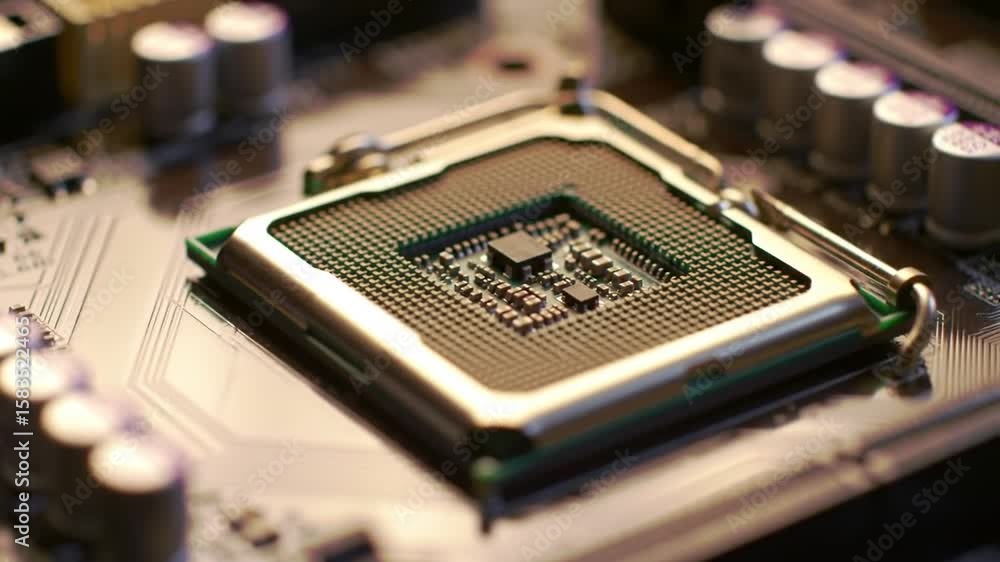 Poster close up of a computer motherboard with cpu socket green and silver components showing electronic ci
